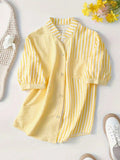 Yellow Bloom Striped Mandarin Collar Top