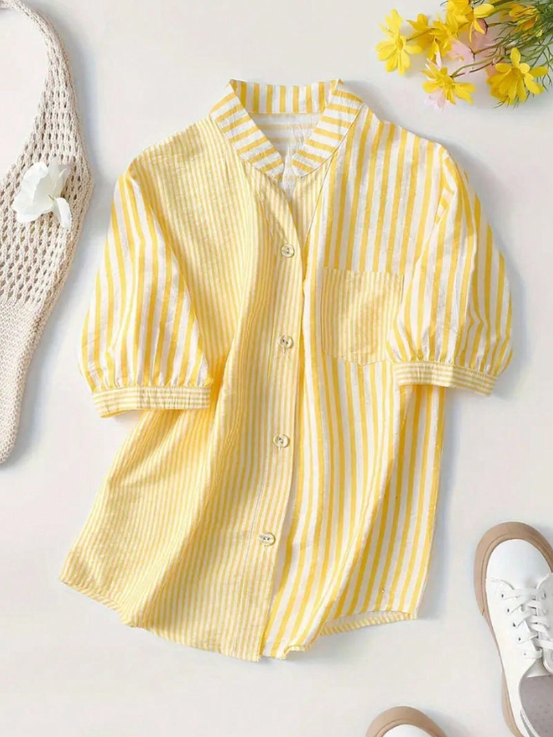 Yellow Bloom Striped Mandarin Collar Top
