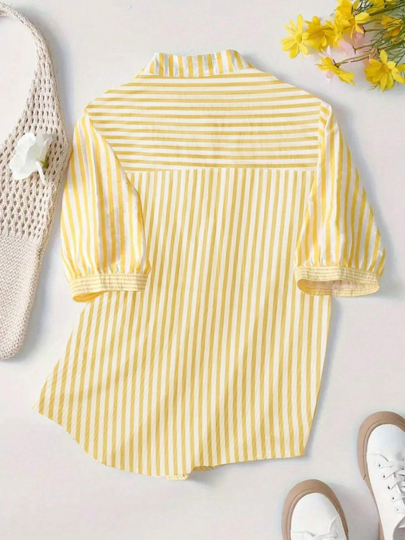 Yellow Bloom Striped Mandarin Collar Top