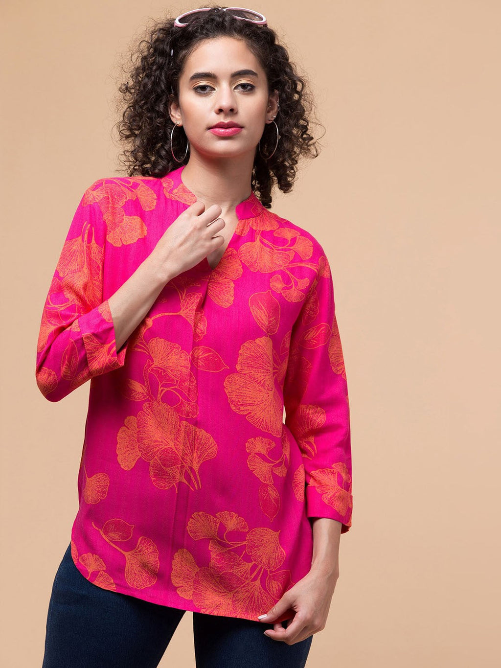 Pink Floral print Shirt Style Top