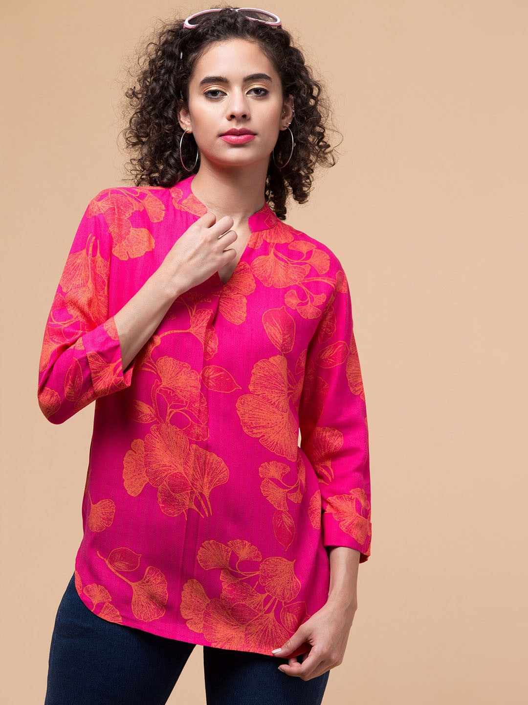 Pink Floral print Shirt Style Top