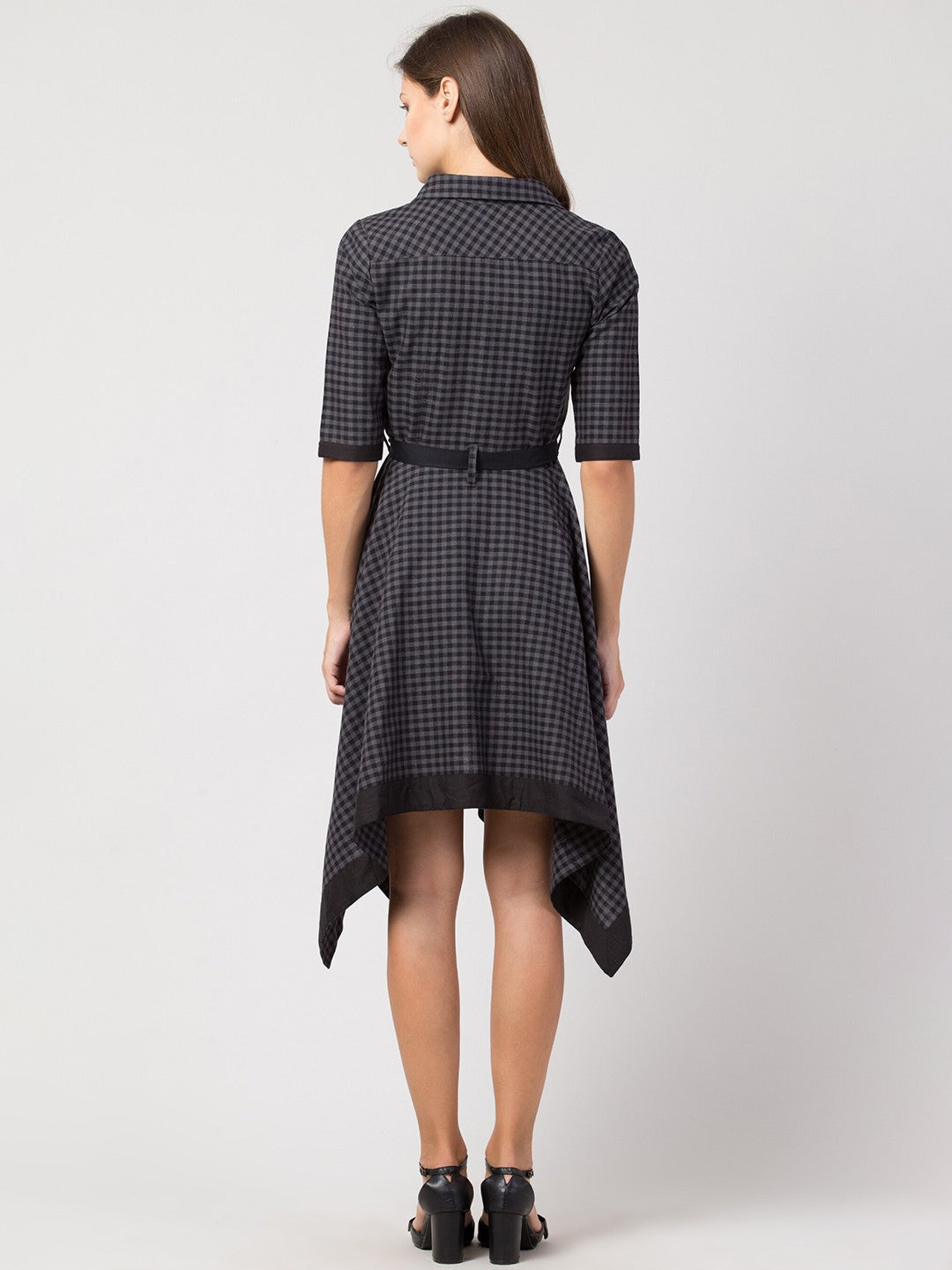 Checked Cotton Shirt Collar Dress