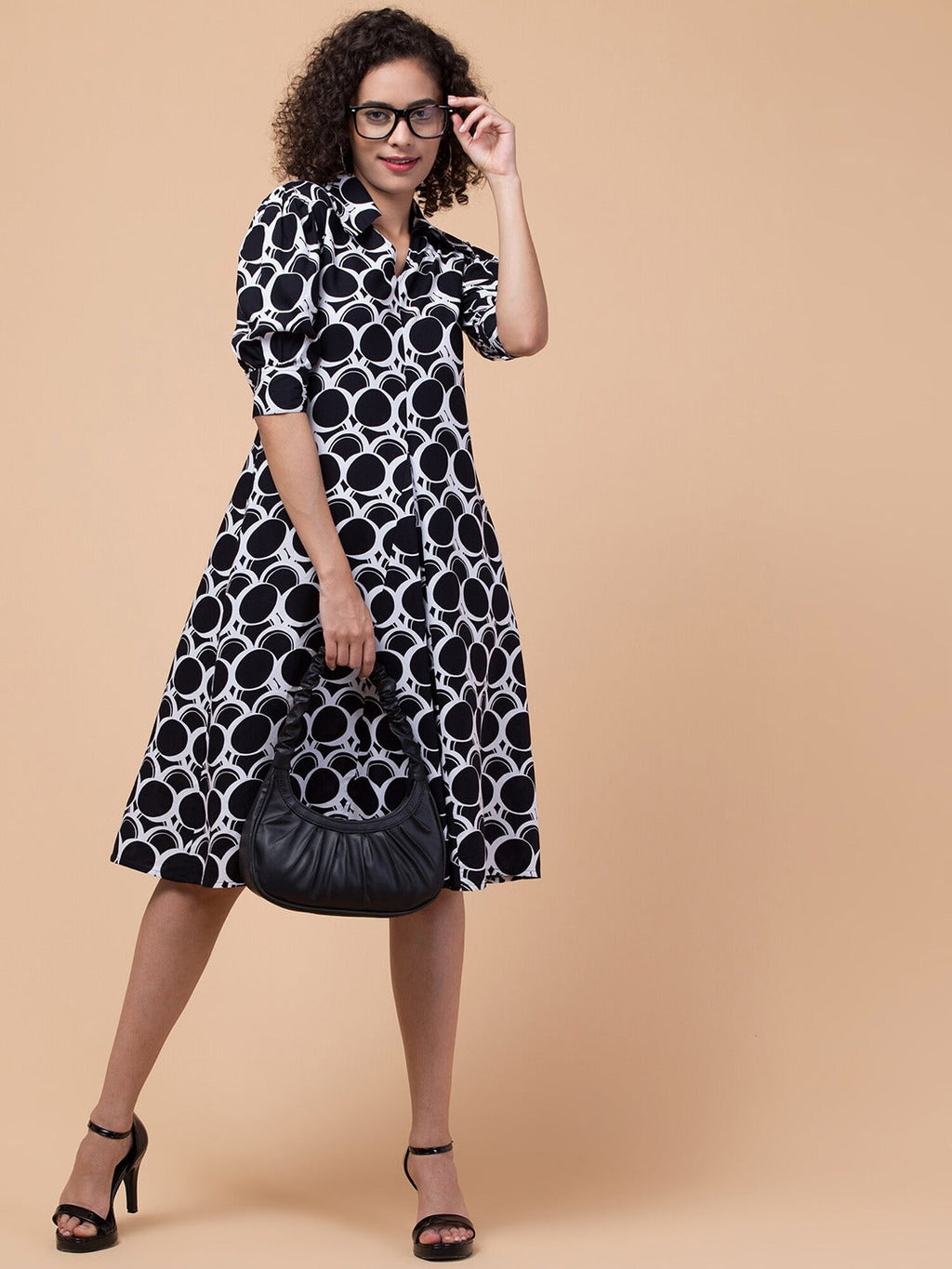 Radiant Reverie Woven Knee-Length Dress with Flared Hemline