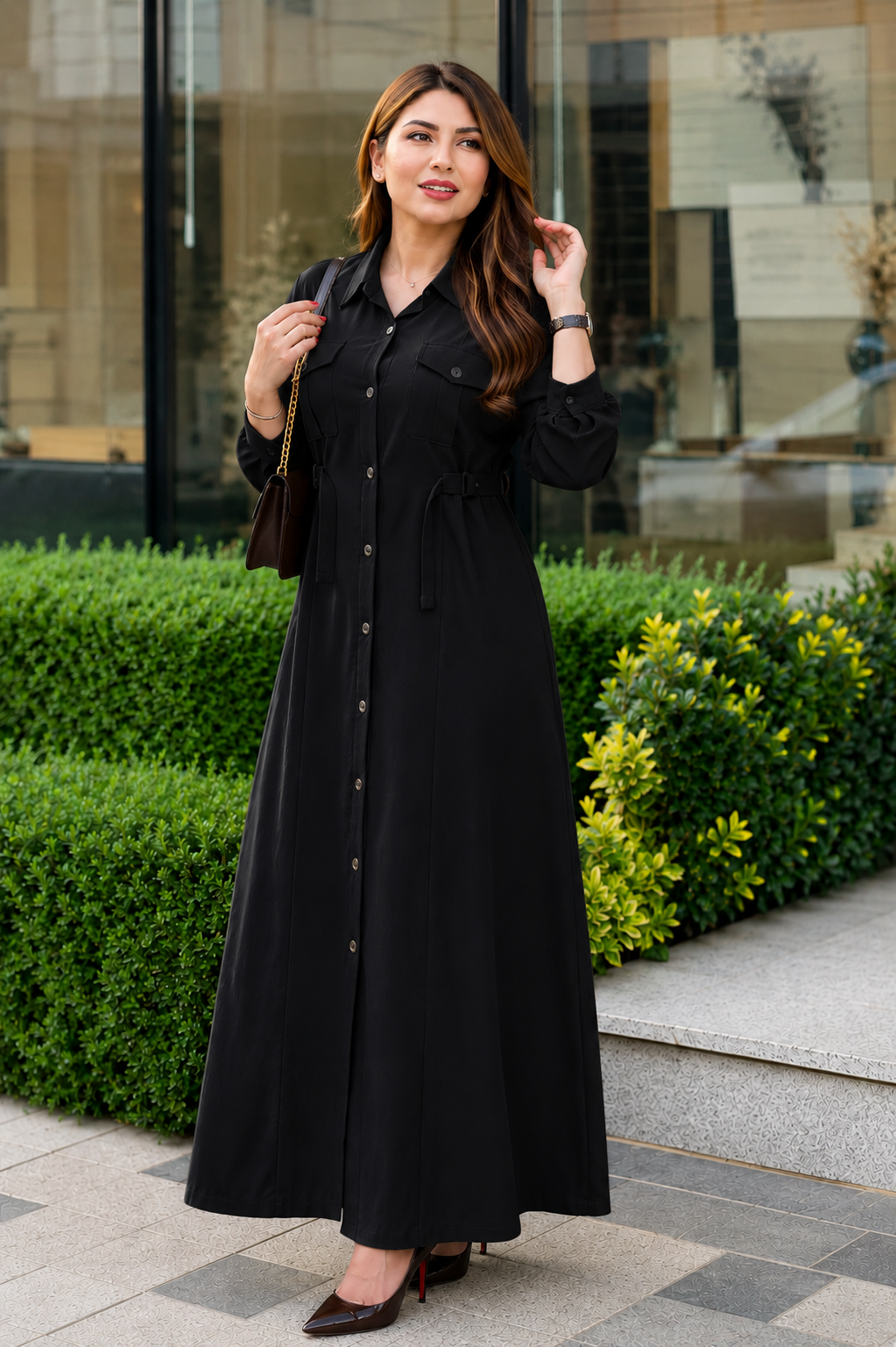 Black Women's Maxi Style Dress with Waist Belt