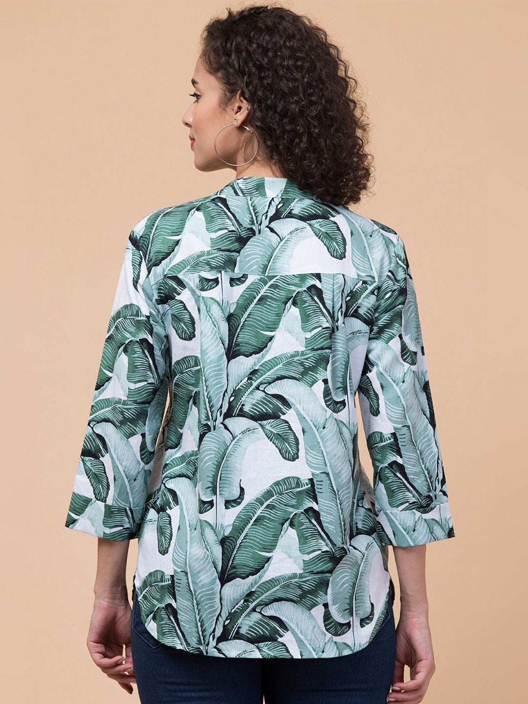 Green Tropical print shirt style Top