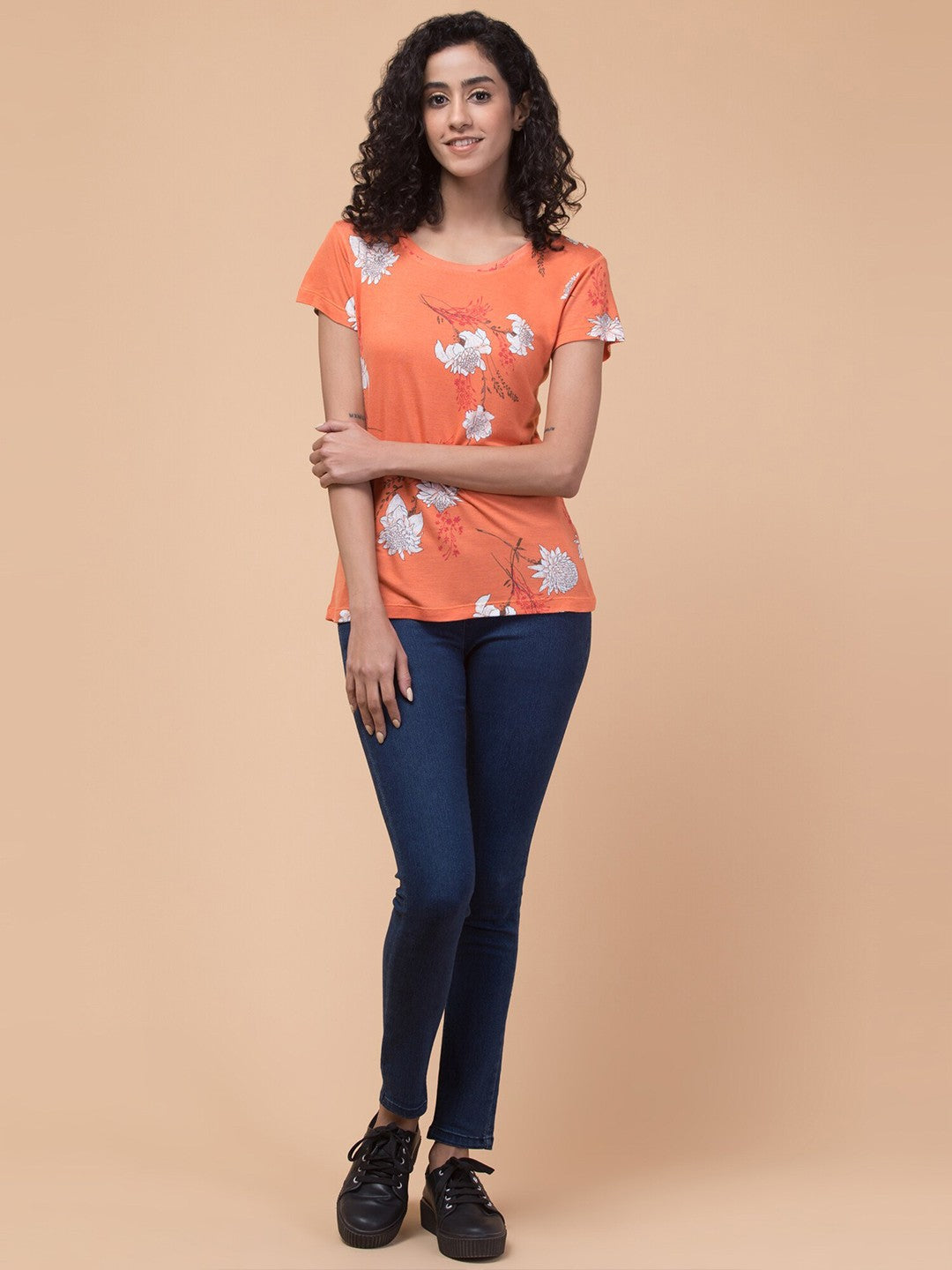 Orange Floral print Relaxed fit T-shirt