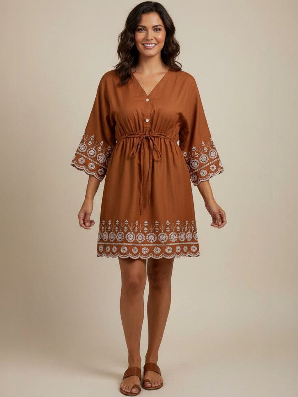 Rust Brown Embroidered A-Line Mini Dress