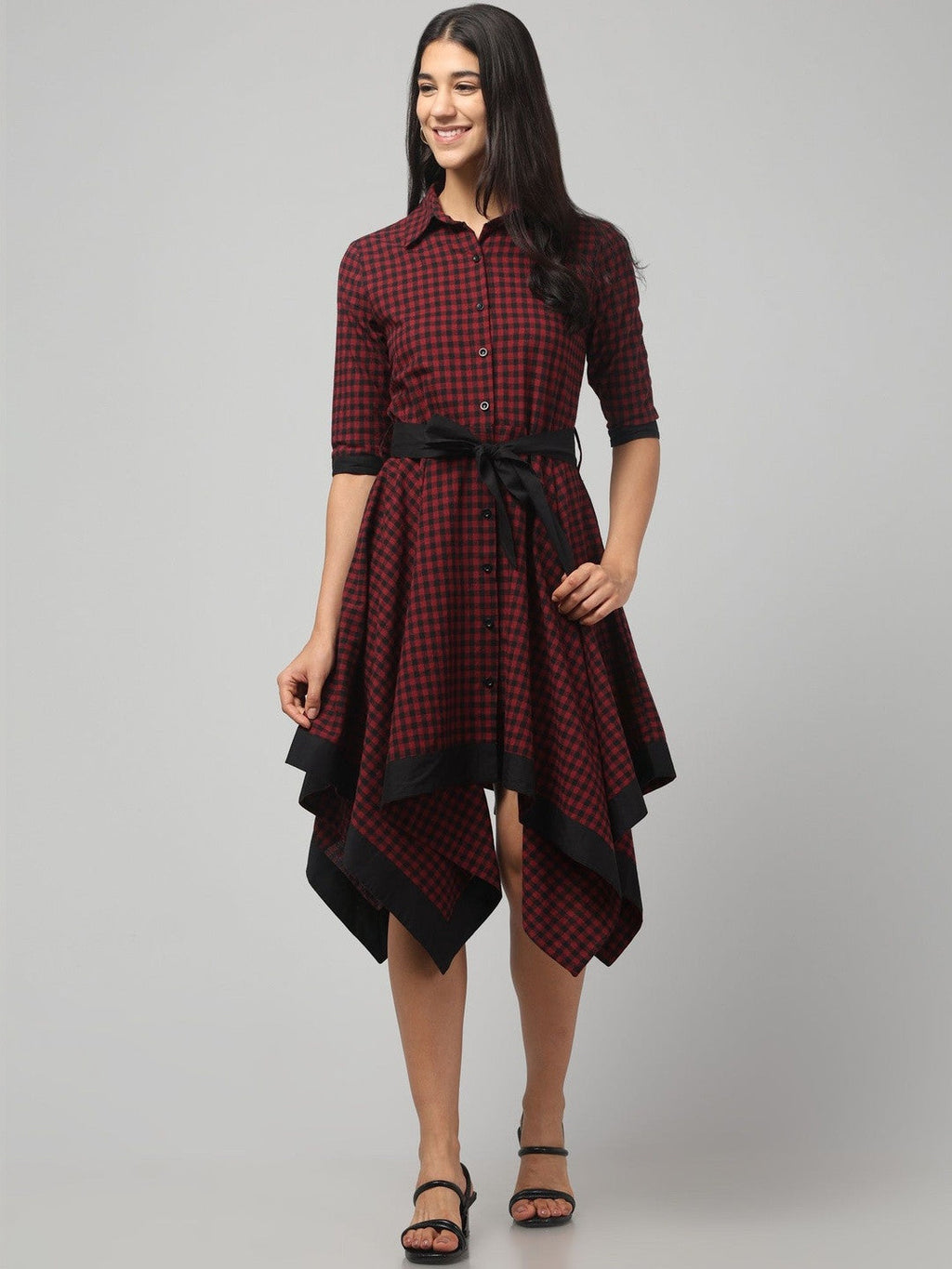 Elegant Maroon Checked Mini Dress