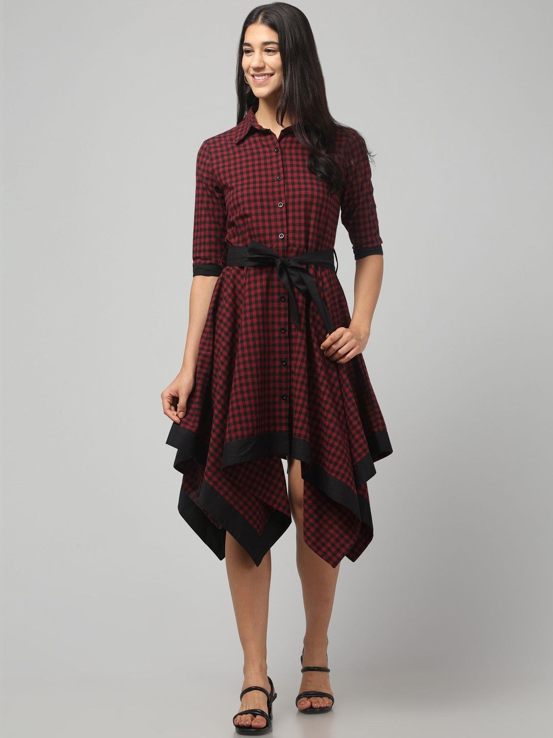 Elegant Maroon Checked Mini Dress