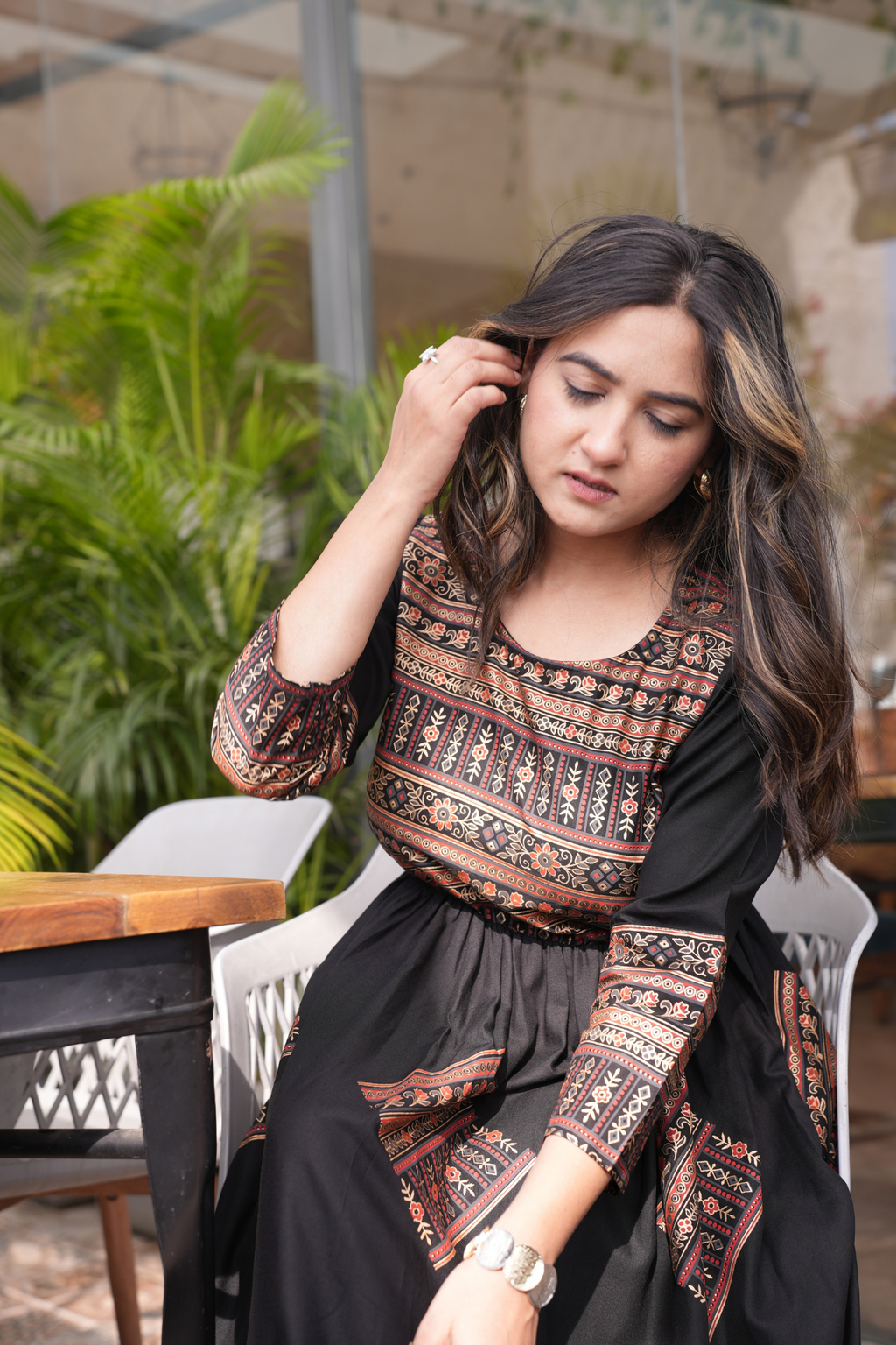 Elegant Gold Printed Black Fit and Flare Maxi Dress