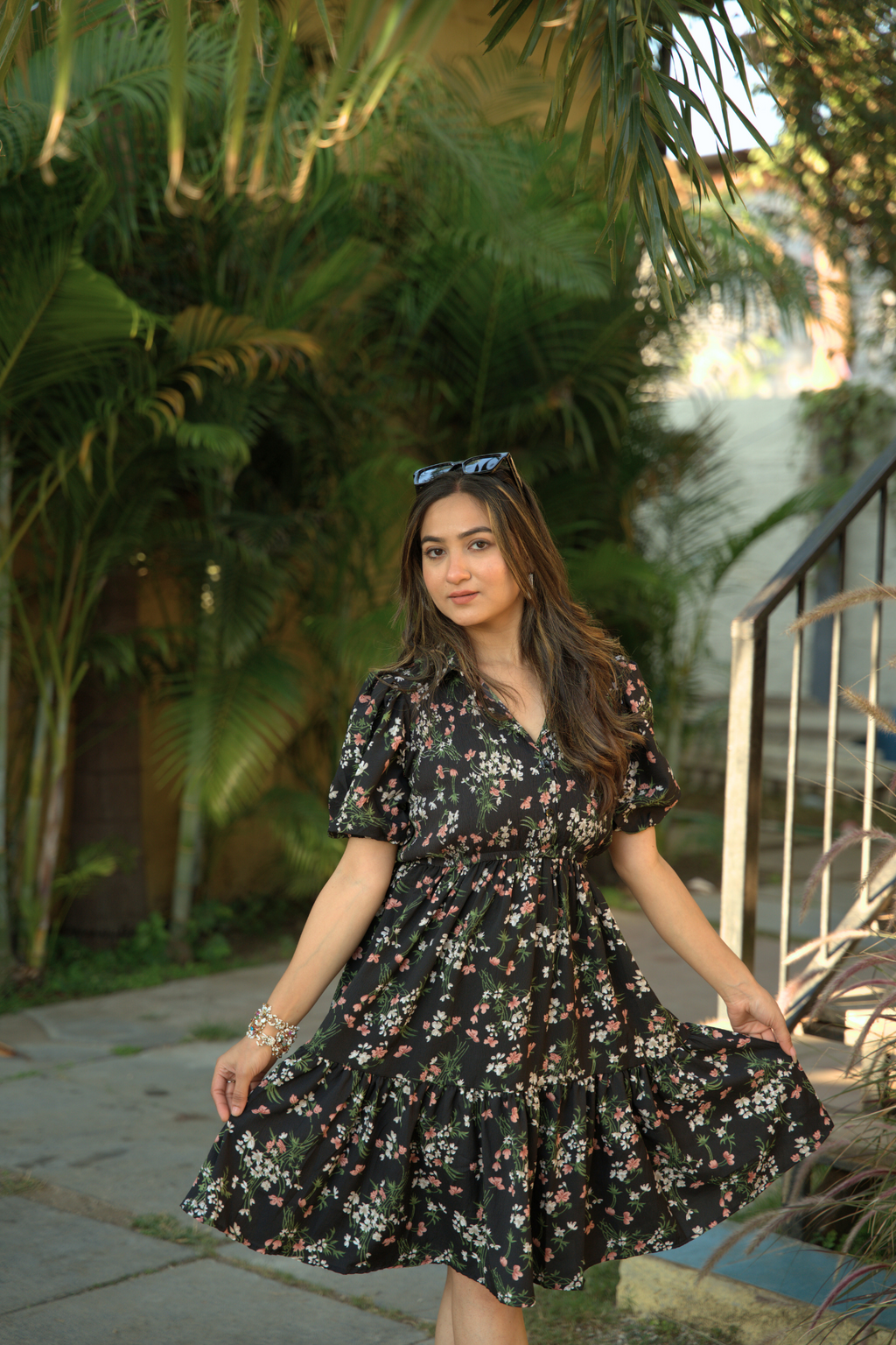 Black Bloom Fit and Flare Mini Dress