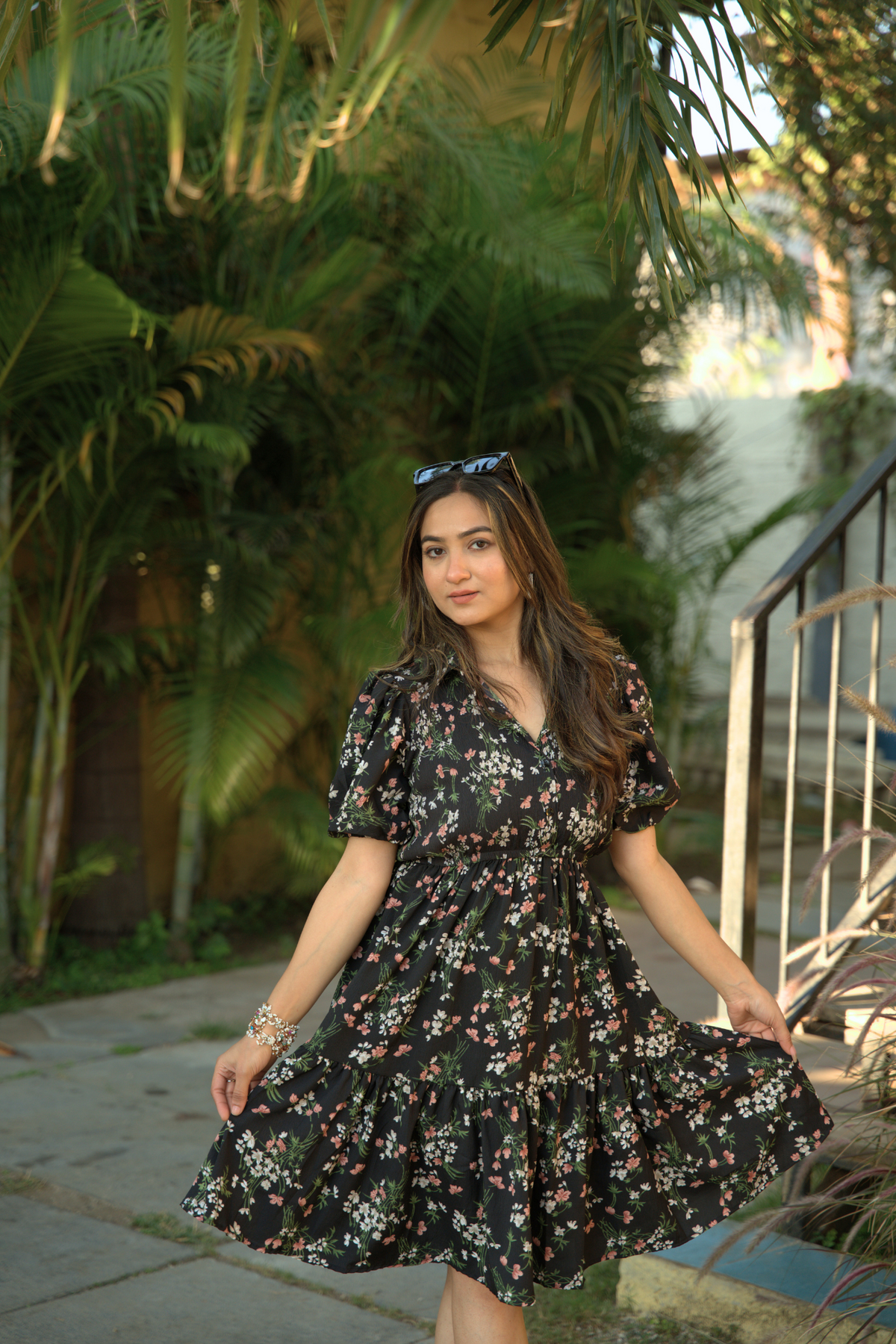 Black Bloom Fit and Flare Mini Dress