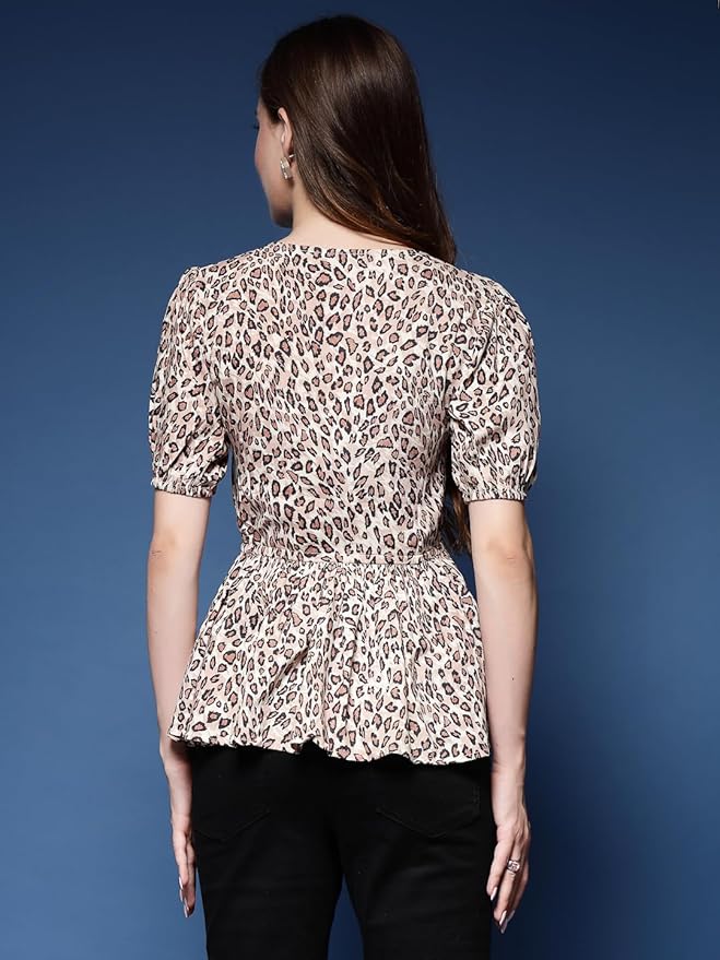 Korean-Style Chic Printed Puff Sleeve V-Neck Top | Wyshlist