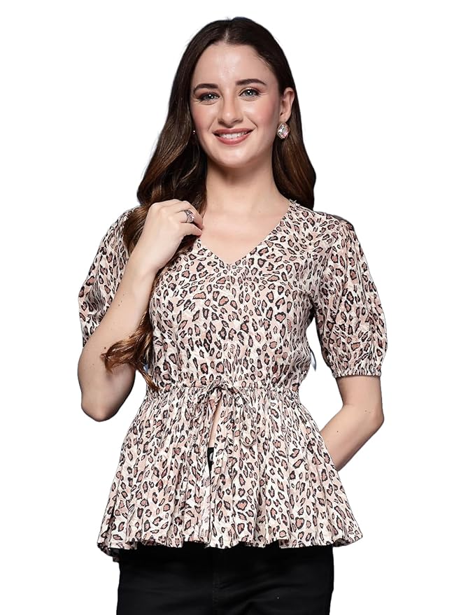 Korean-Style Chic Printed Puff Sleeve V-Neck Top | Wyshlist