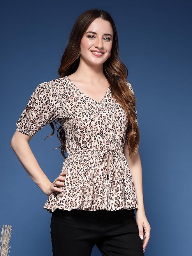 Korean-Style Chic Printed Puff Sleeve V-Neck Top | Wyshlist