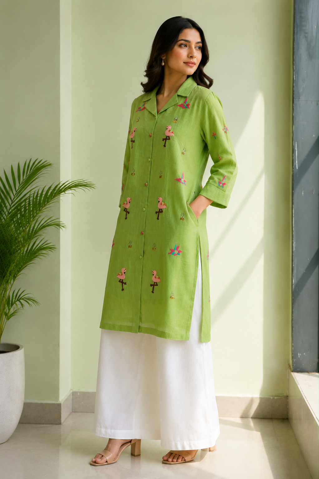 Parrot Green Embroidered Shirt Dress