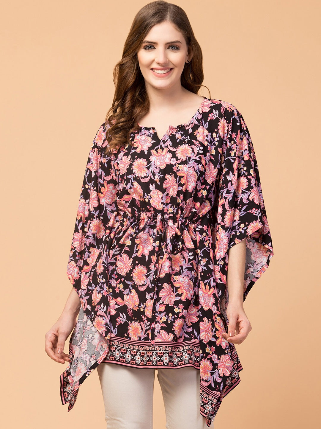 Floral Print Longline Kaftan Top with Keyhole Neck