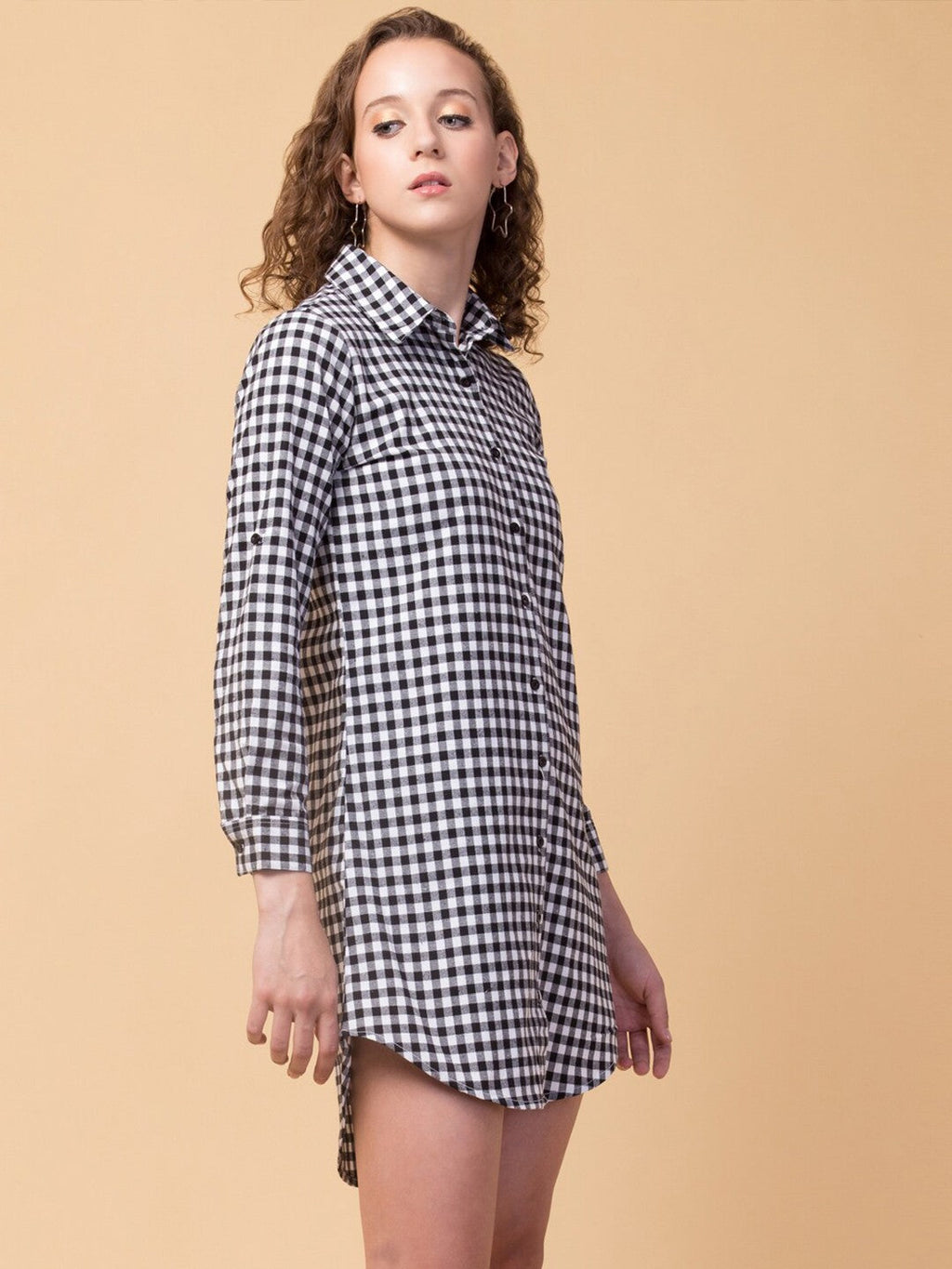 Black Checks Cotton Shirt Dress