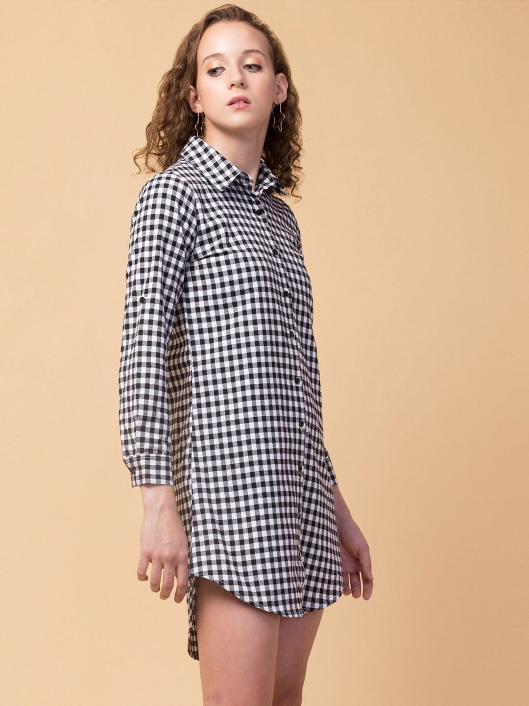 Black Checks Cotton Shirt Dress