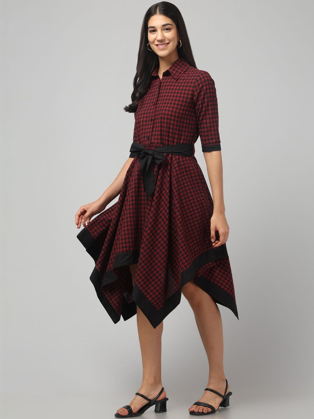 Elegant Maroon Checked Mini Dress