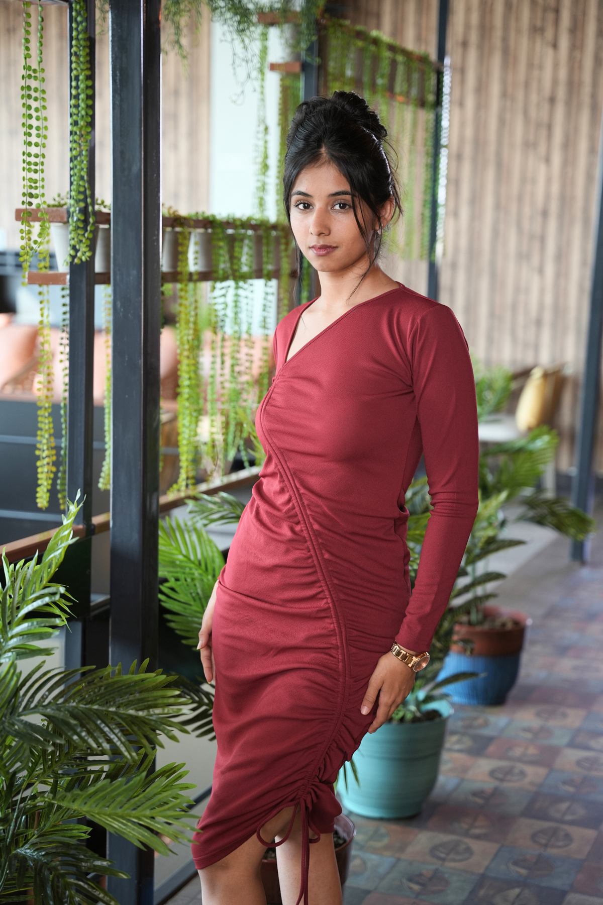 Maroon Luxe Long-Sleeve Bodycon Dress