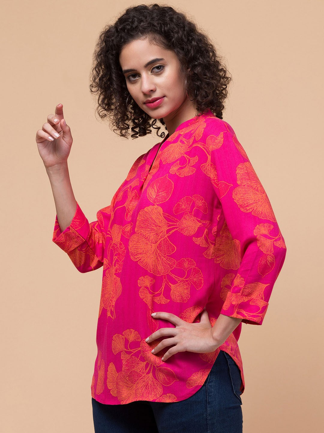 Pink Floral print Shirt Style Top
