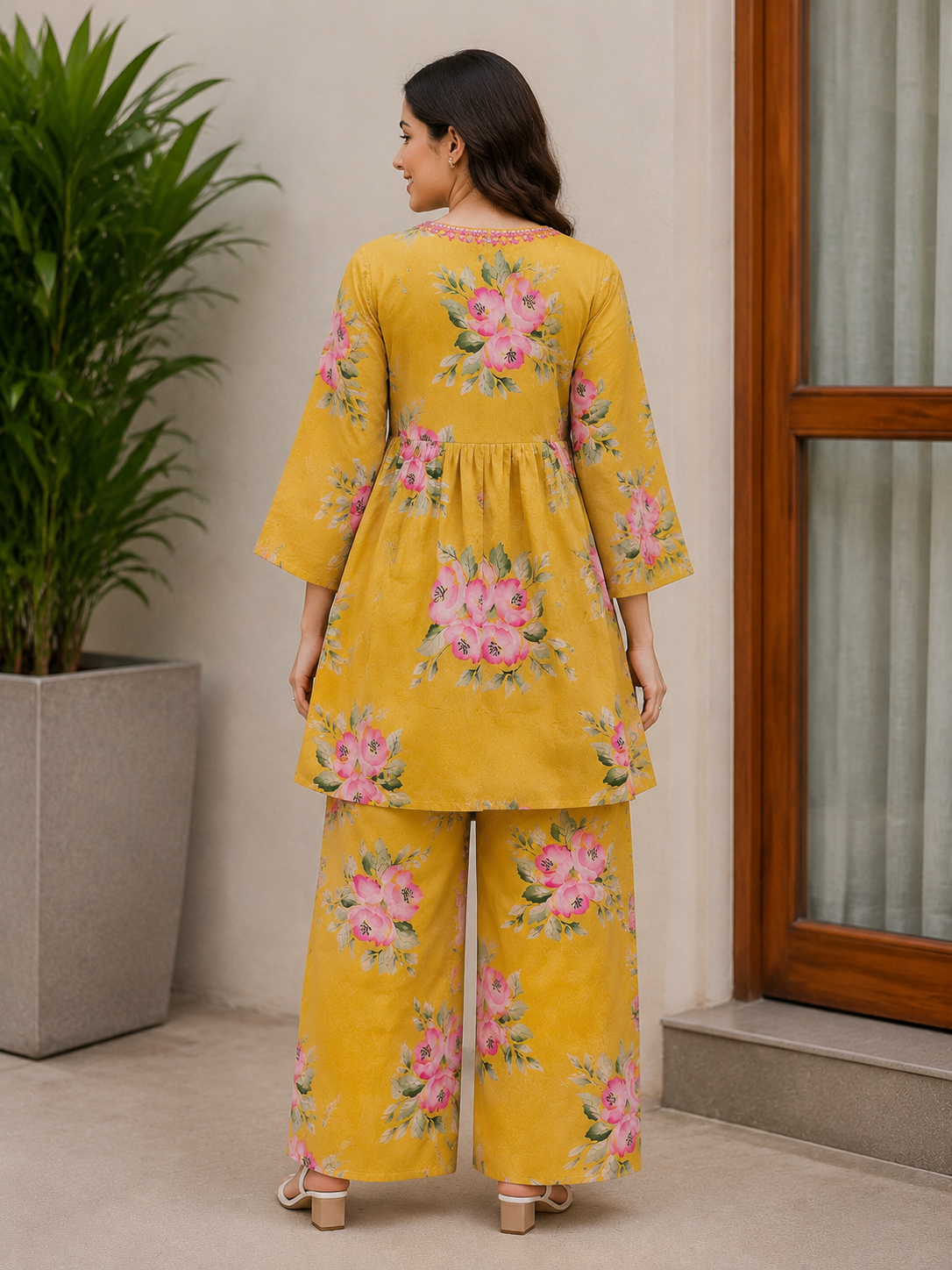 Mustard Floral Prineted Tissue Organza Co-Ord Set