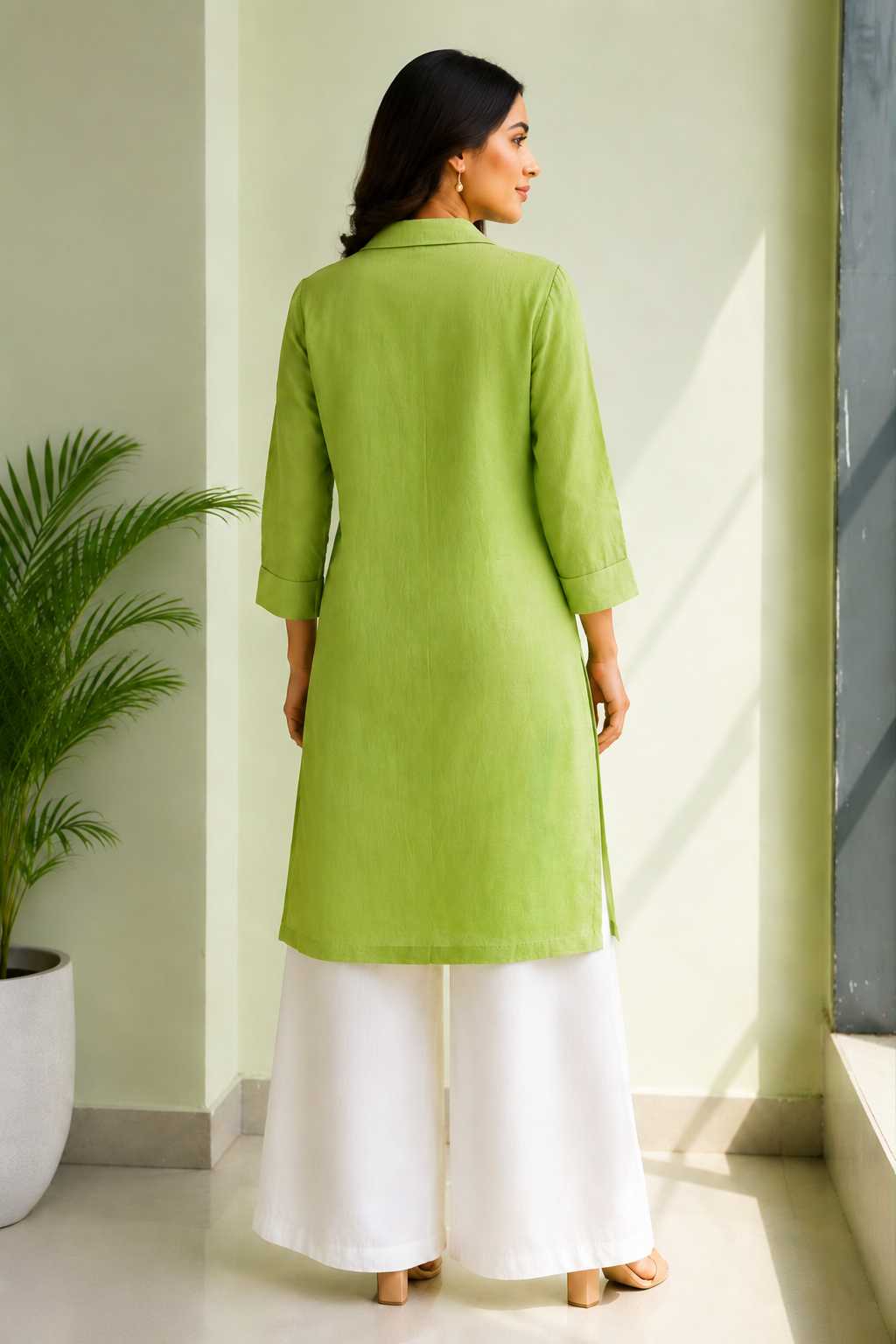 Parrot Green Embroidered Shirt Dress