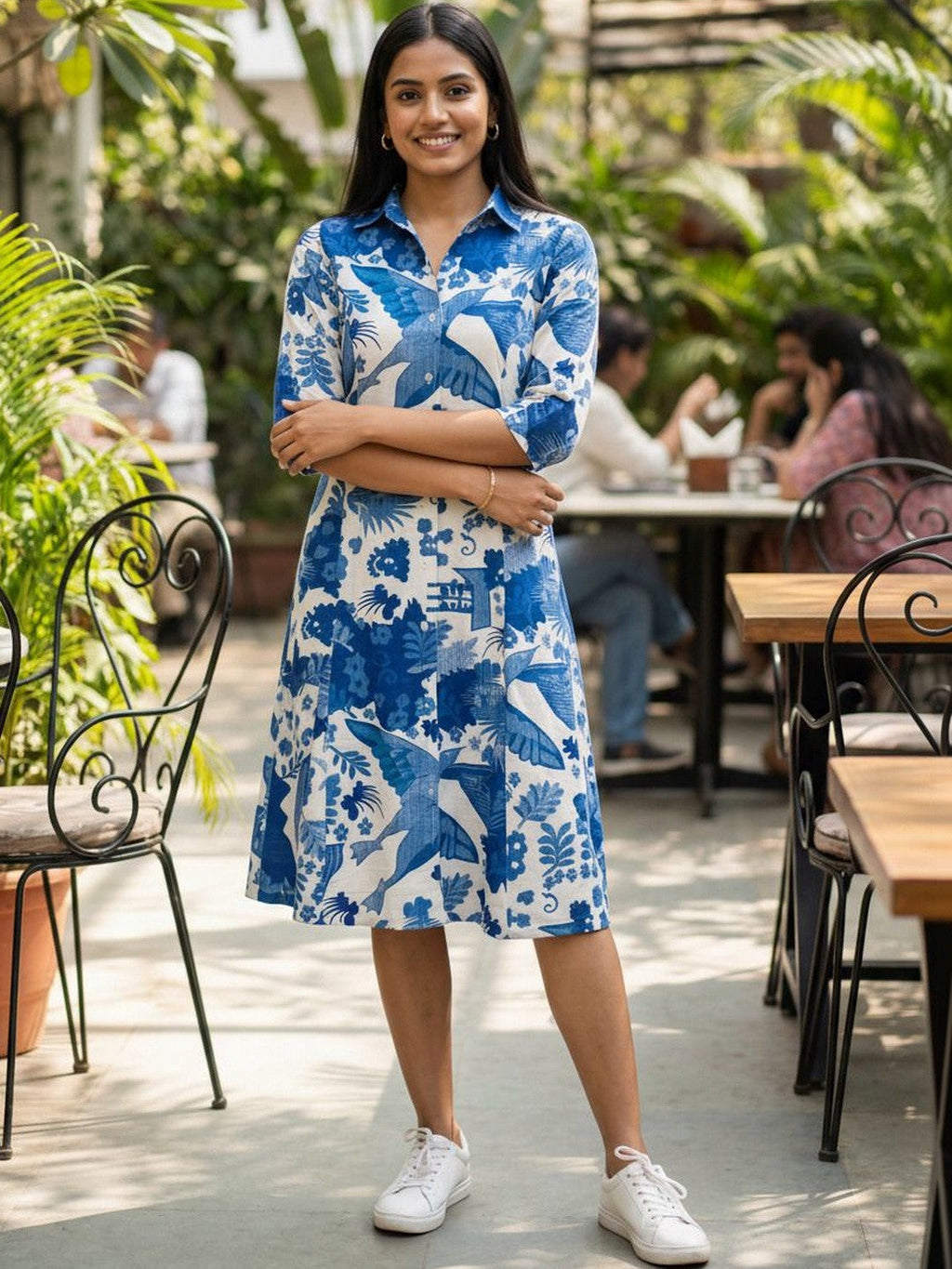 Blue Minimal Tropical Print Shirt Dress