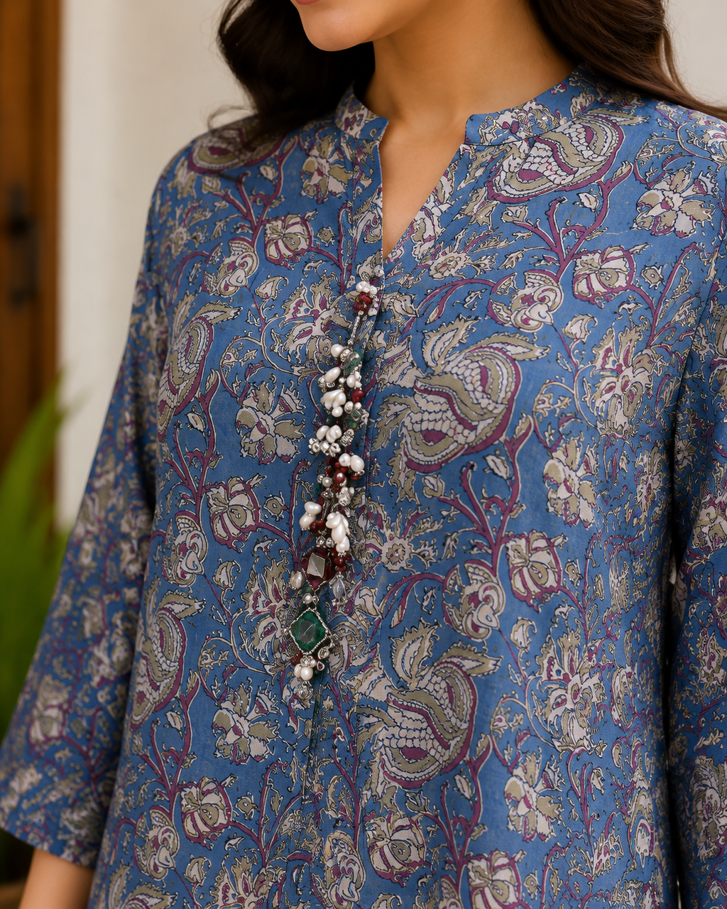 Indigo Moral Satan Printed Co-Ord Set With Embellished Neckline