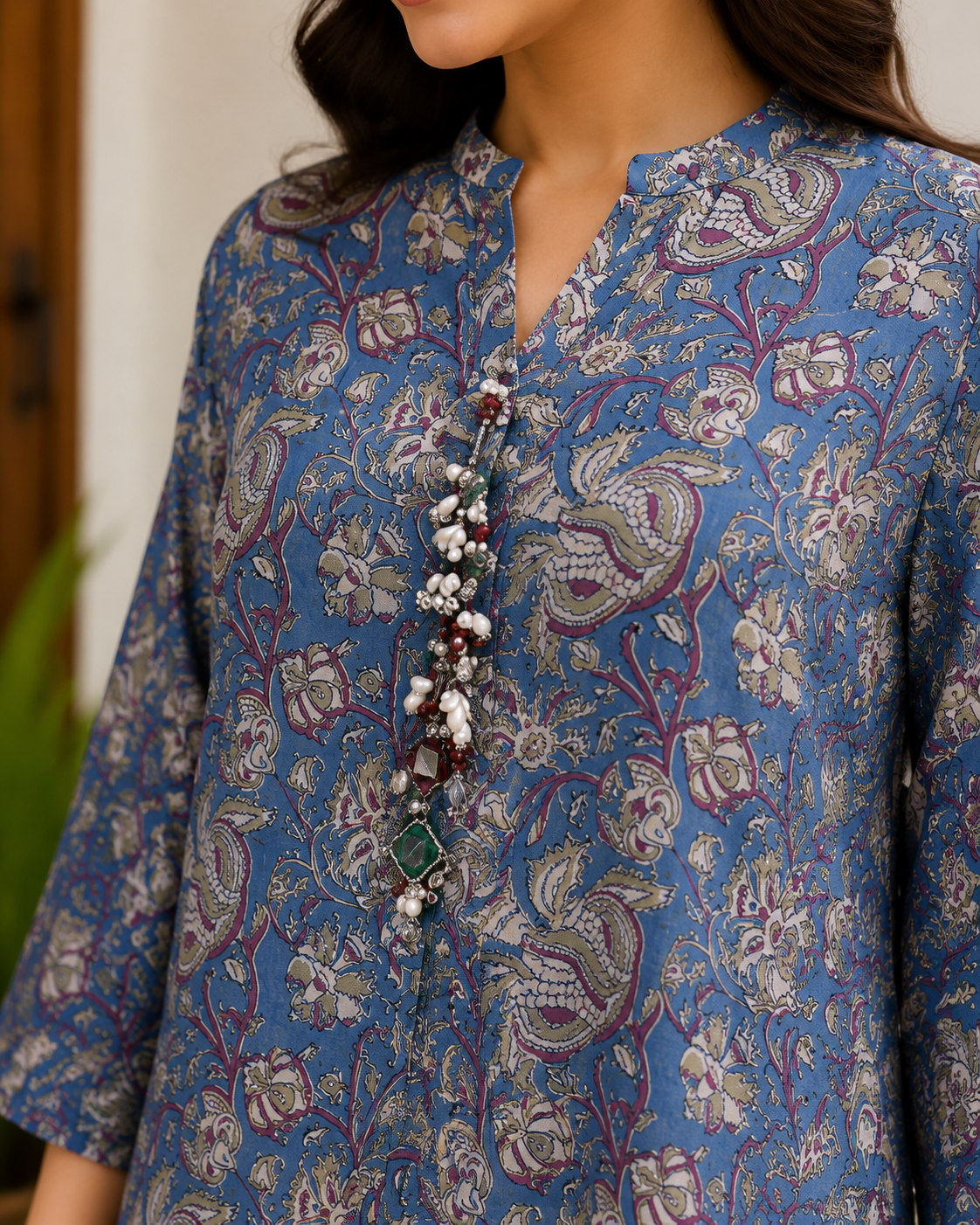 Indigo Moral Satan Printed Co-Ord Set With Embellished Neckline