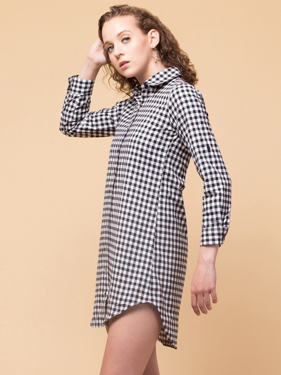 Black Checks Cotton Shirt Dress
