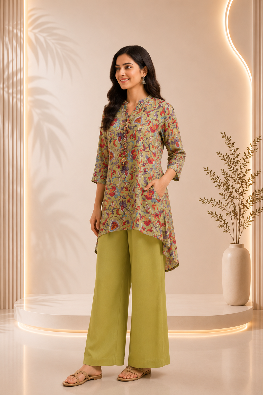 Olive Floral Printed Short Kurta With Pants Co-ord Set