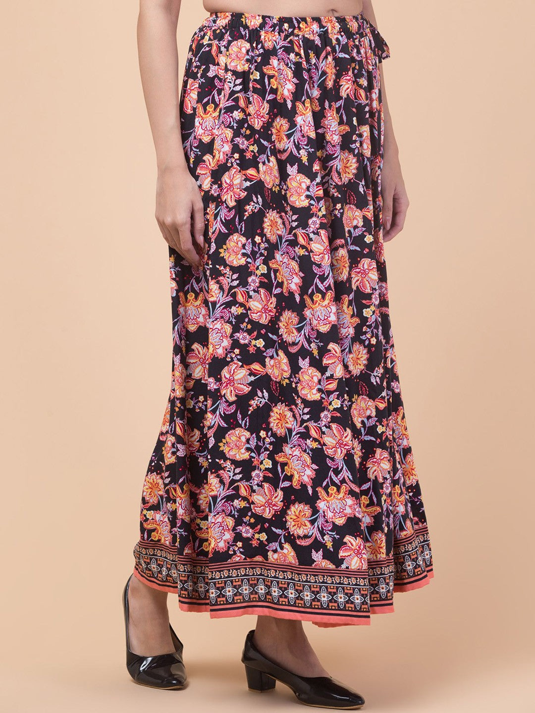 Black Floral print A-line Maxi Skirt