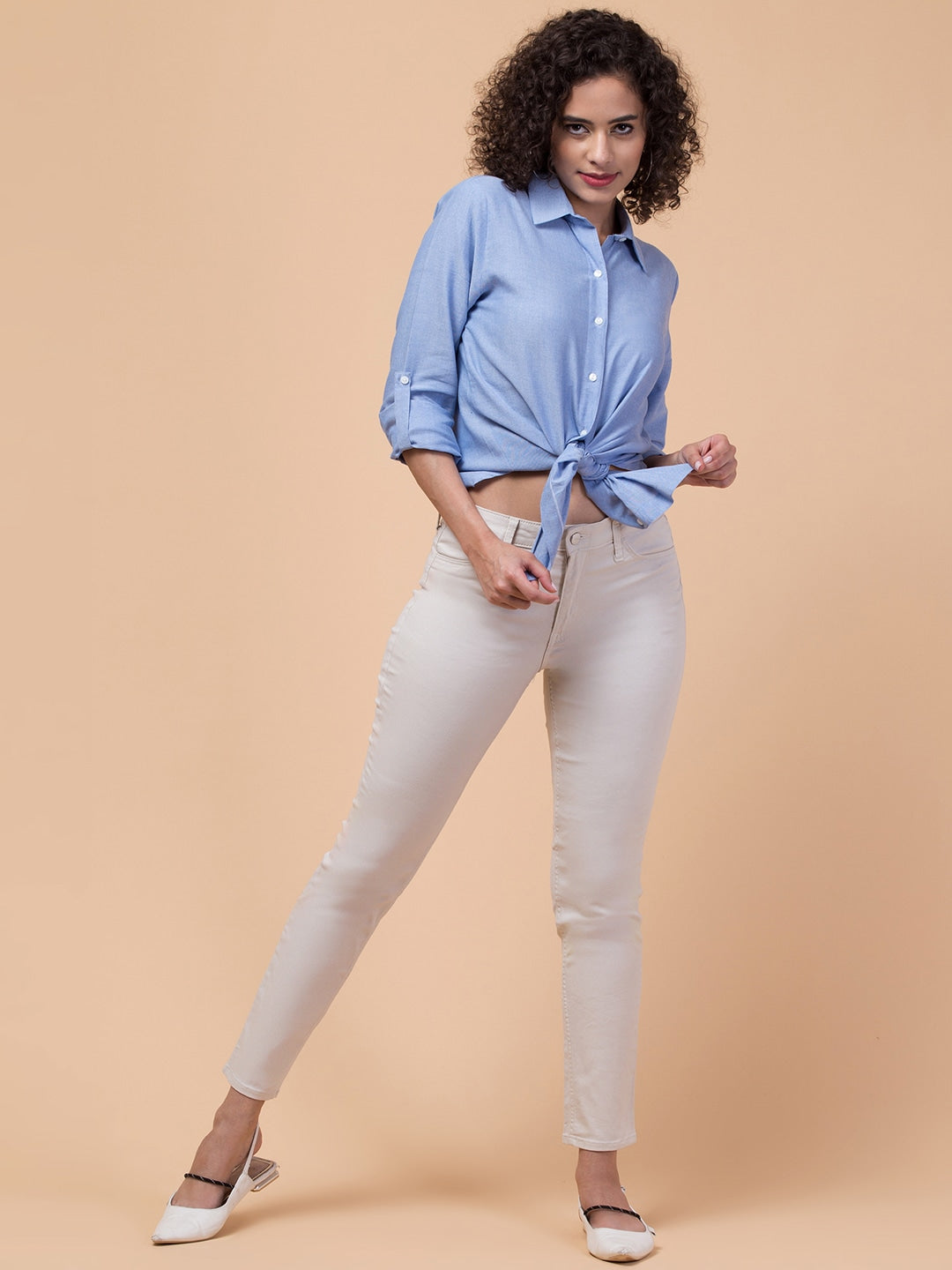 Azure Elegance Blue Solid Shirt Dress with Roll-Up Sleeves