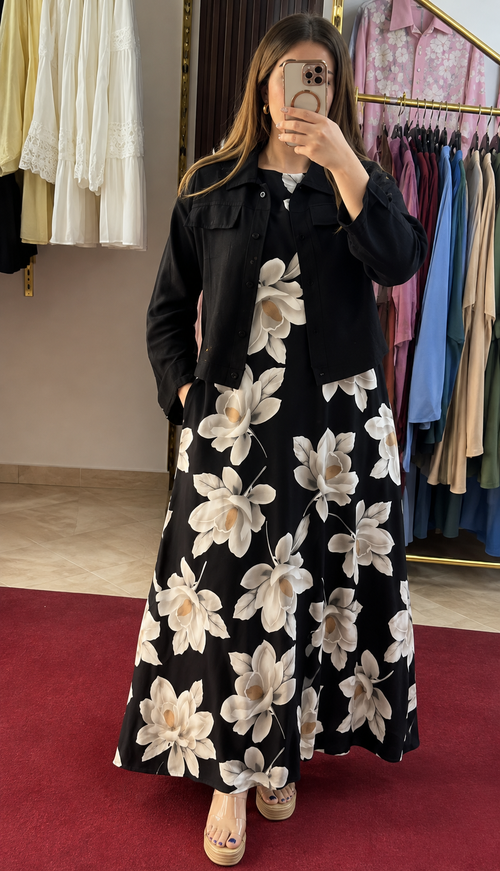 Black Floral Maxi Dress with Cropped Jacket