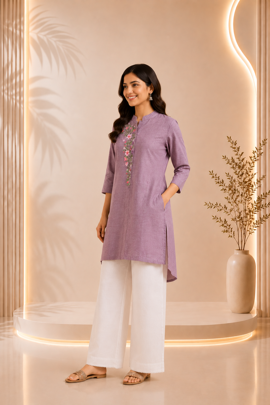 Handcrafted Dusty Mauve Floral Embroidered Shirt