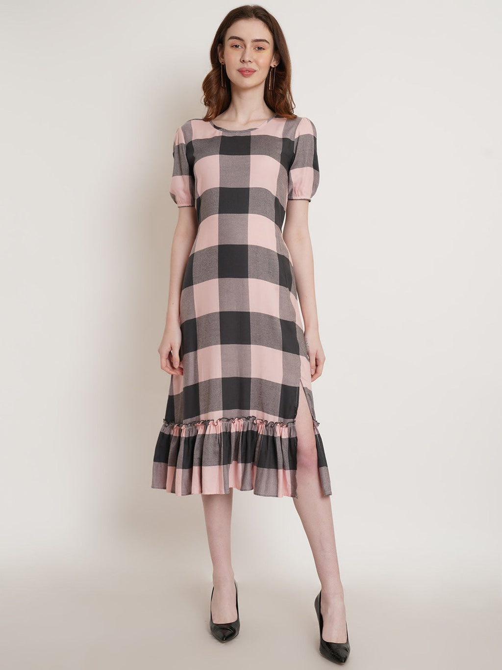 Peachy Geometric Grace Round Neck A-Line Dress with Flounce Hem