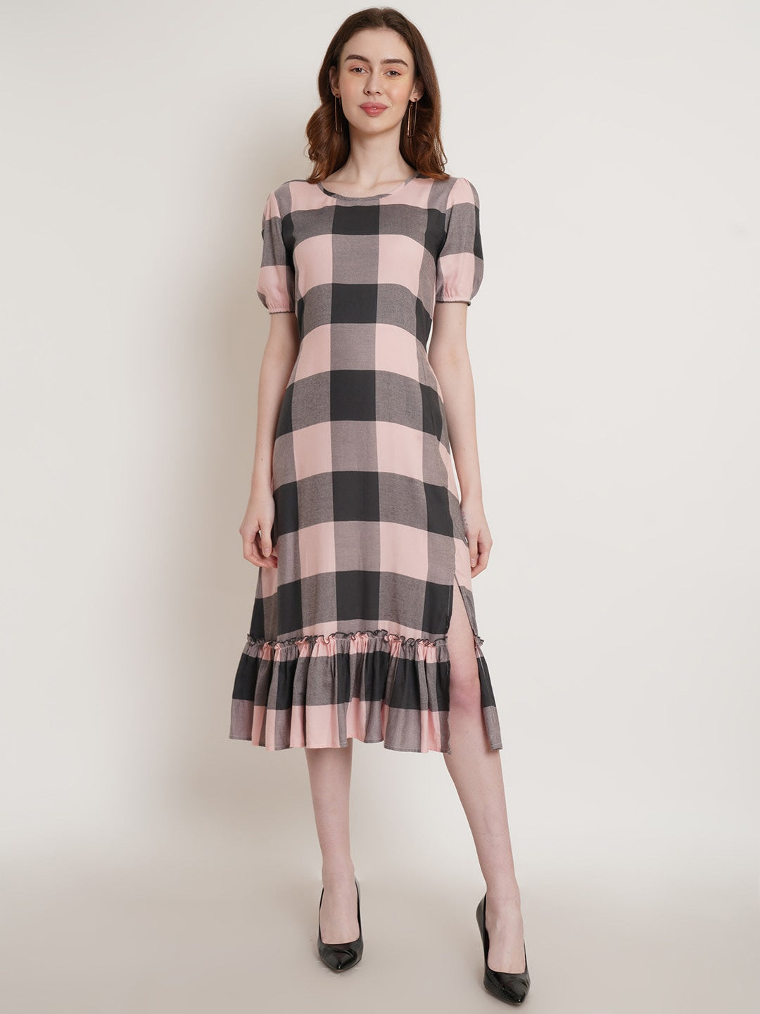 Peachy Geometric Grace Round Neck A-Line Dress with Flounce Hem