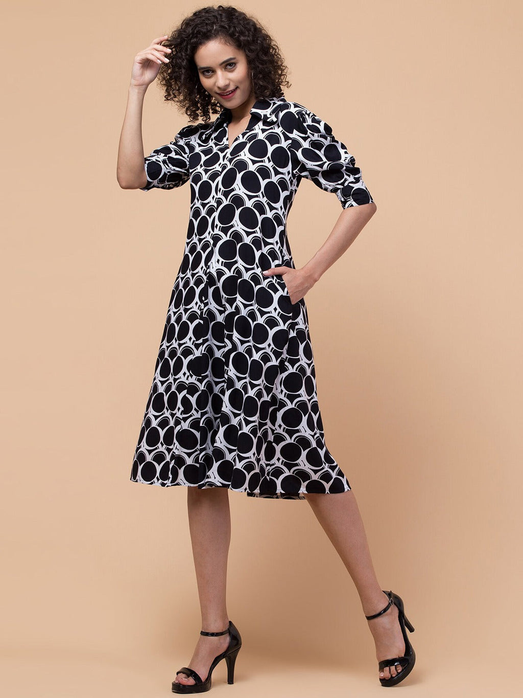 Radiant Reverie Woven Knee-Length Dress with Flared Hemline