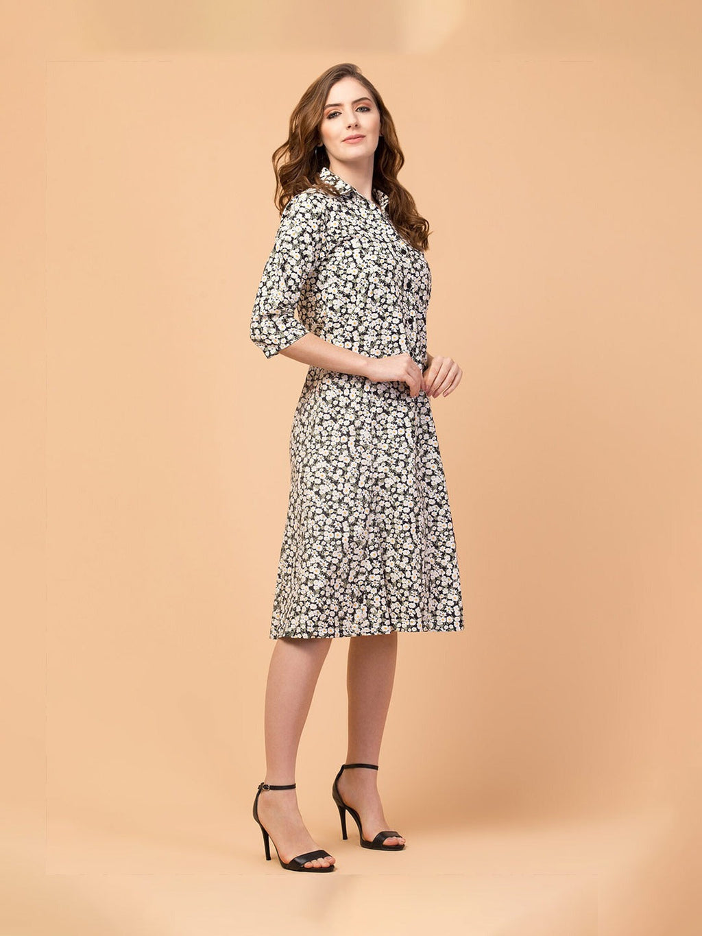Modest Elegance Knee-Length Shirt Dress with Shirt Collar
