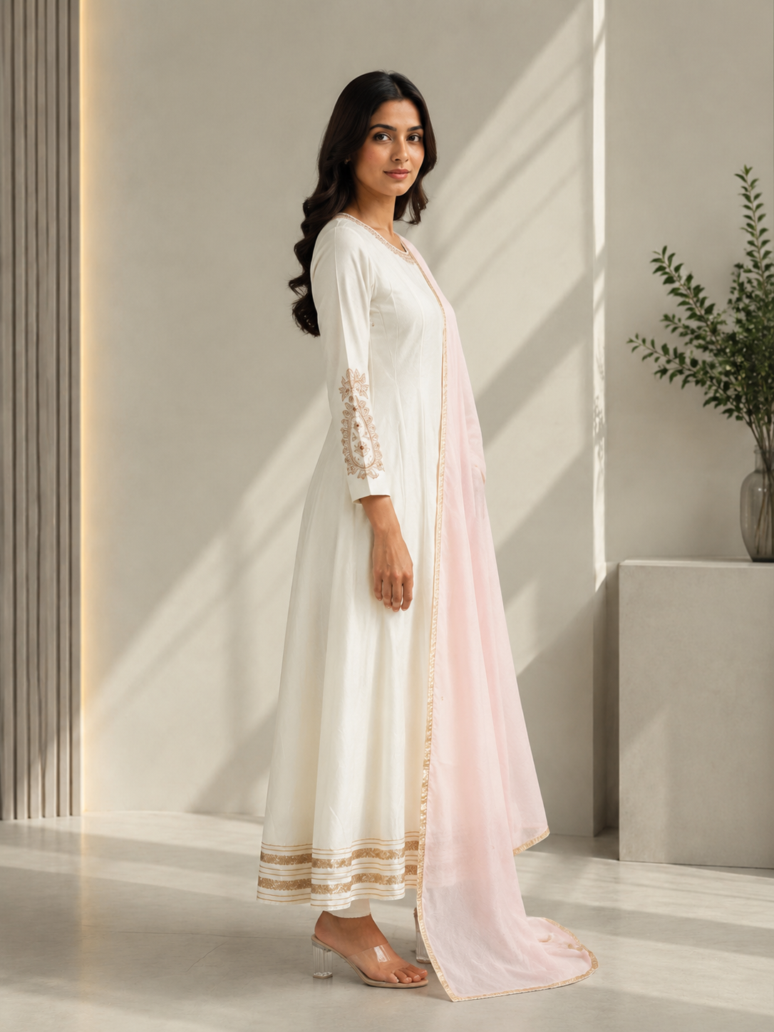 Ivory Elegance Anarkali with Blush Dupatta