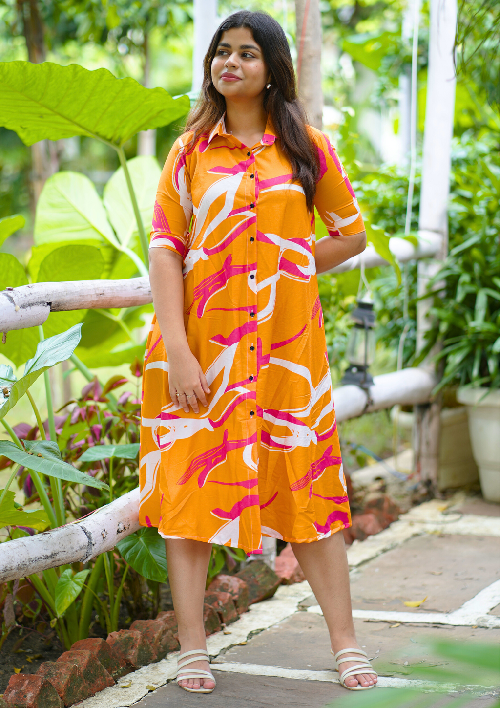 Vibrant Orange Printed A-Line Shirt Dress