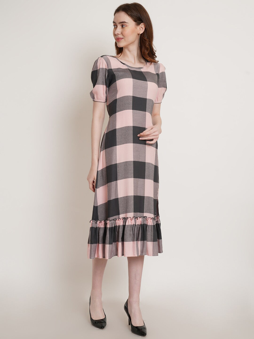 Peachy Geometric Grace Round Neck A-Line Dress with Flounce Hem