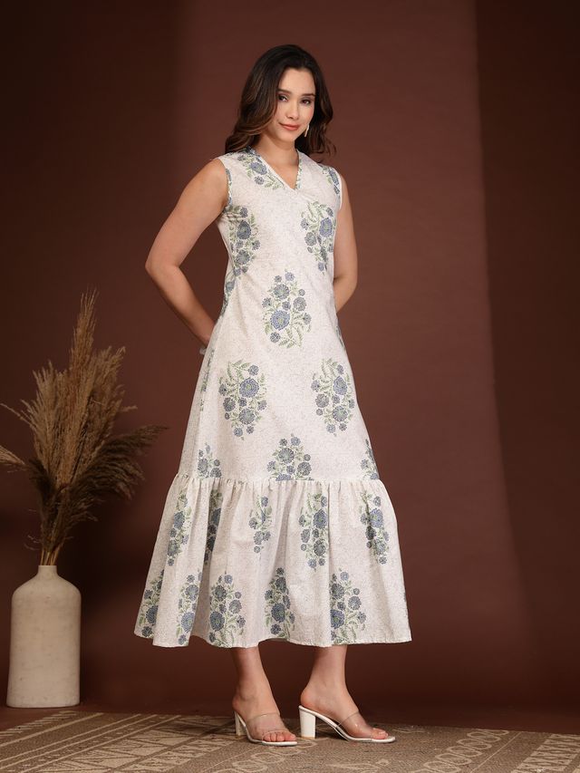Elegant White Floral Print A-Line Maxi Dress