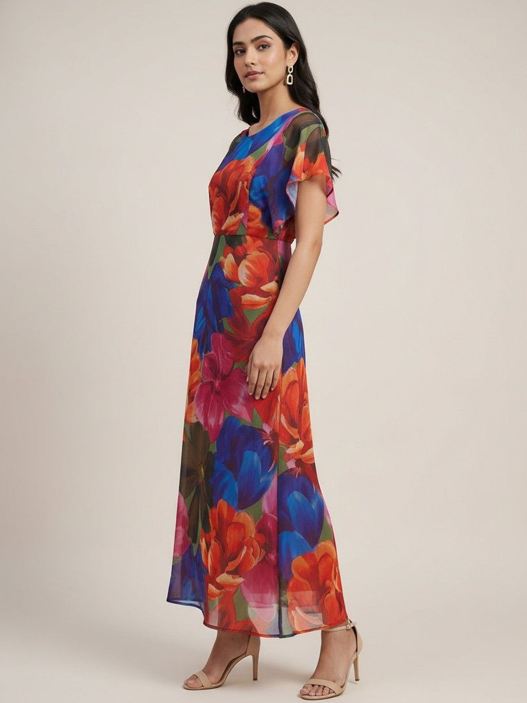Chic Red Floral Georgette Maxi Dress