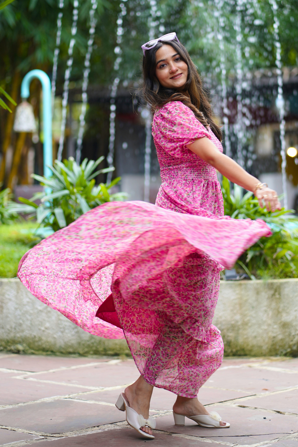 Elegant Floral Print Maxi Dress with Puff Sleeves