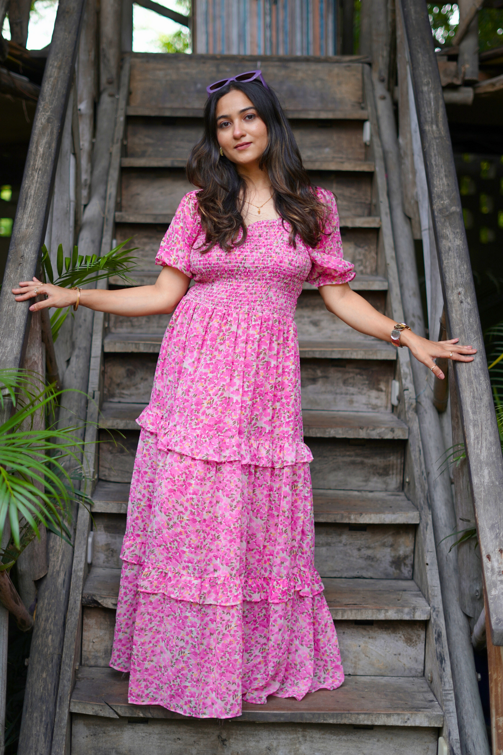 Elegant Floral Print Maxi Dress with Puff Sleeves