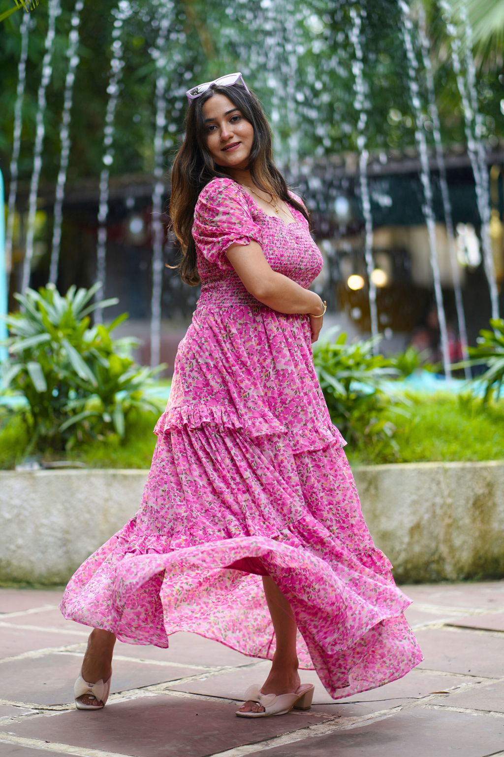 Elegant Floral Print Maxi Dress with Puff Sleeves