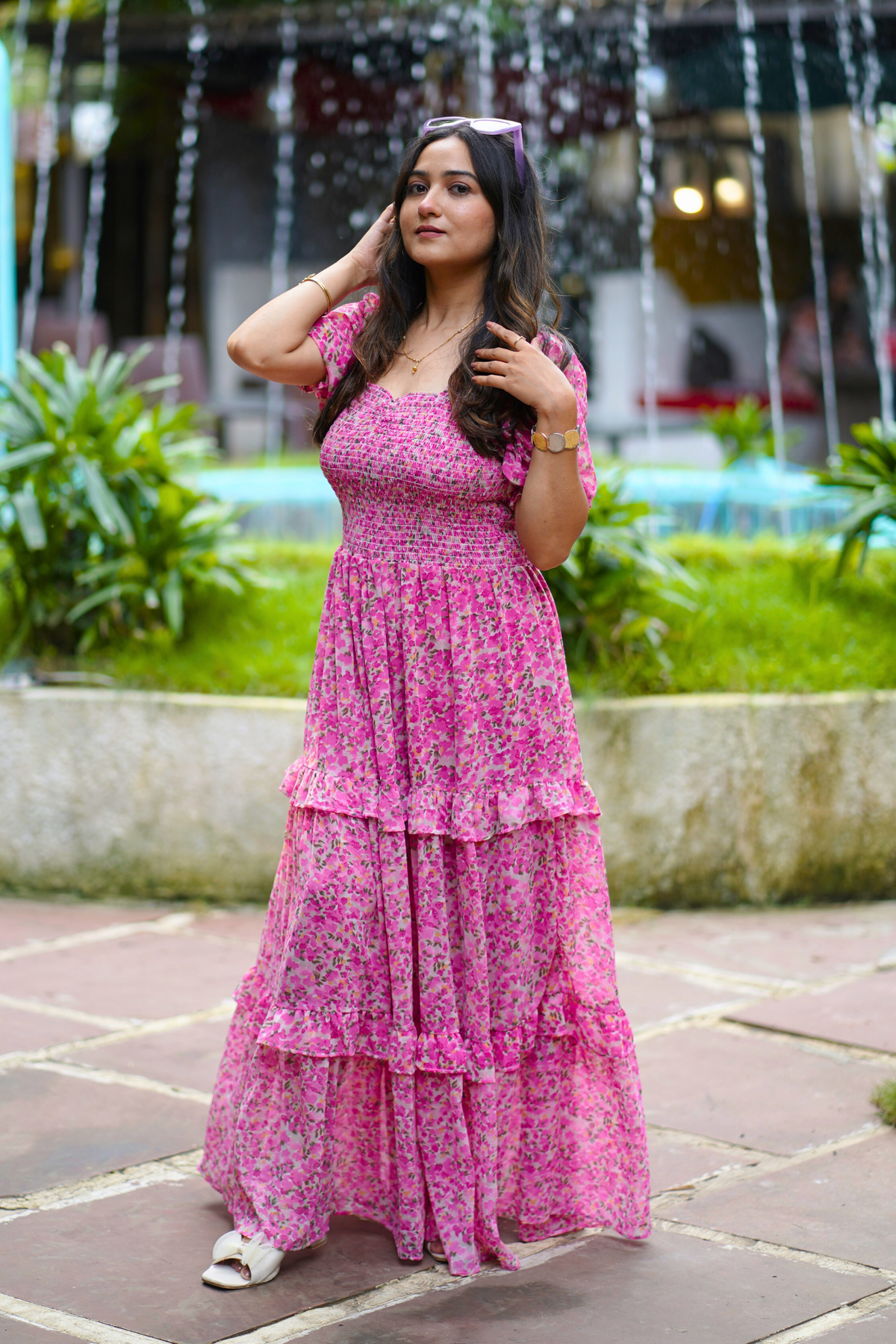Elegant Floral Print Maxi Dress with Puff Sleeves